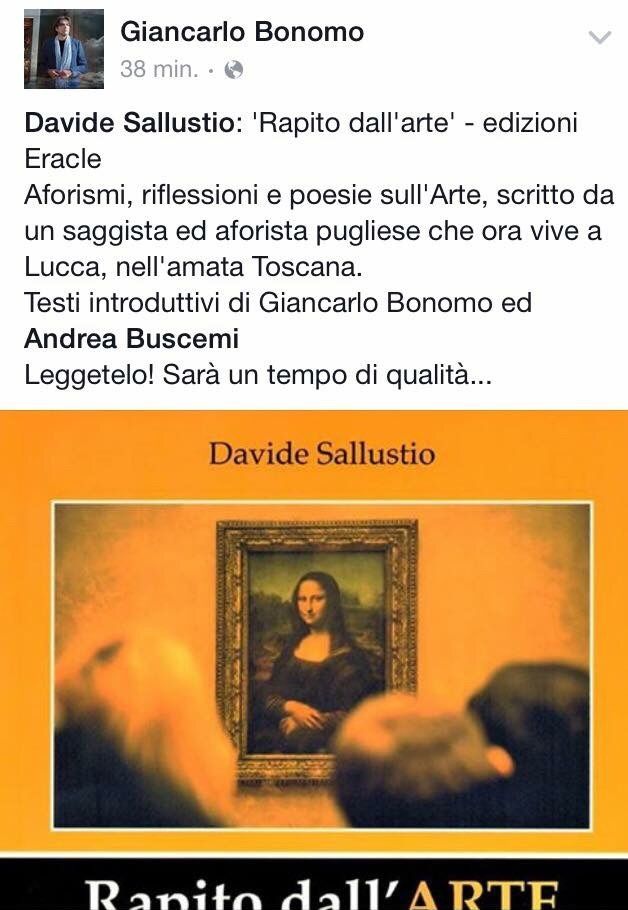 Il critico d'arte Giancarlo Bonomo spende delle belle parole sul mio lavoro dedicato interamente all'Arte...grazie Giancarlo.
