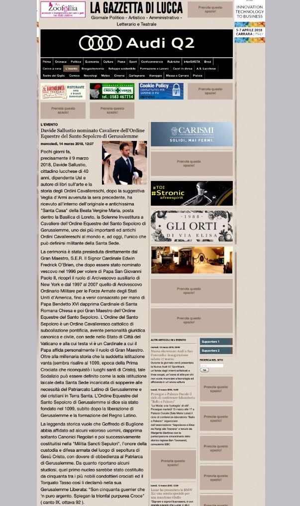 Articolo del 14 marzo 2018 della Gazzetta di Lucca sulla nomina a Cavaliere dell'Ordine Equestre del Santo Sepolcro di Gerusalemme 