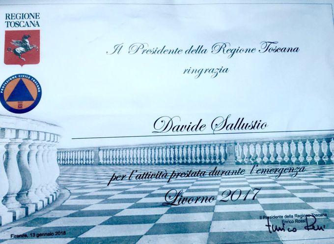 Attestato di ringraziamento del Presidente della Regione Toscana per il servizio svolto durante l'alluvione di Livorno 2017
