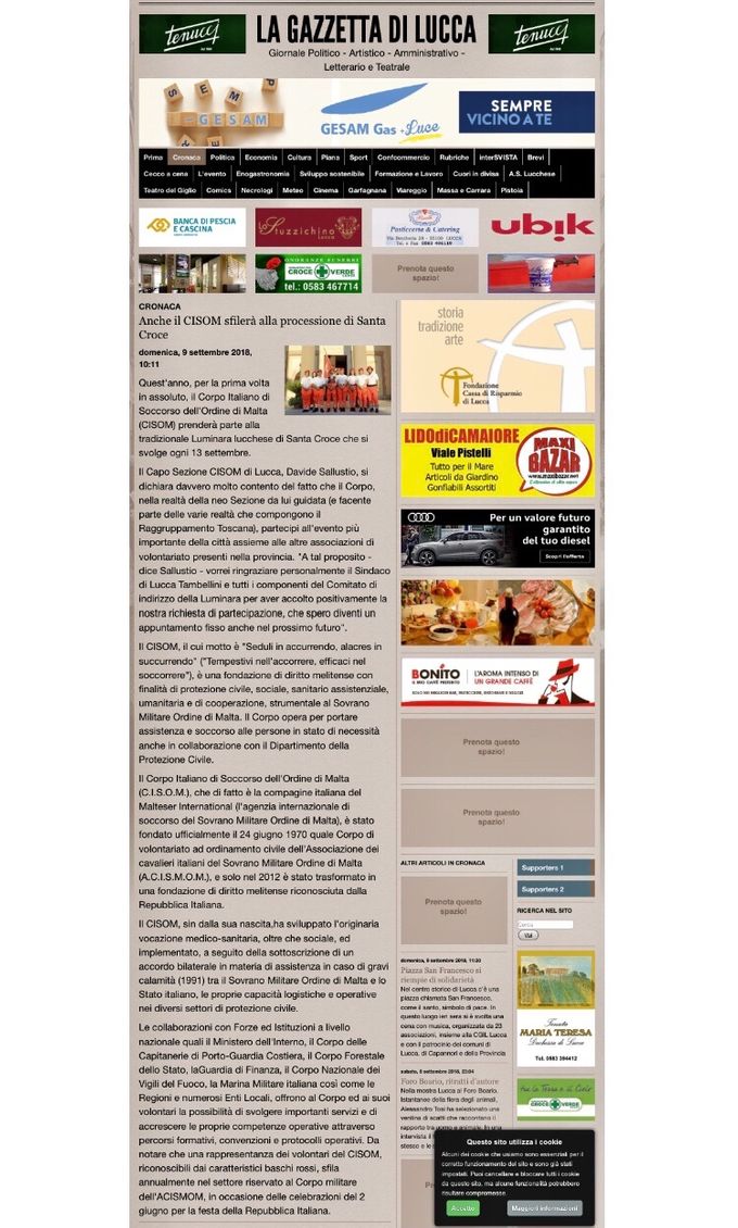 Articolo della Gazzetta di Lucca sulla prima presenza della Sezione CISOM locale alla tradizionale processione di Santa Croce