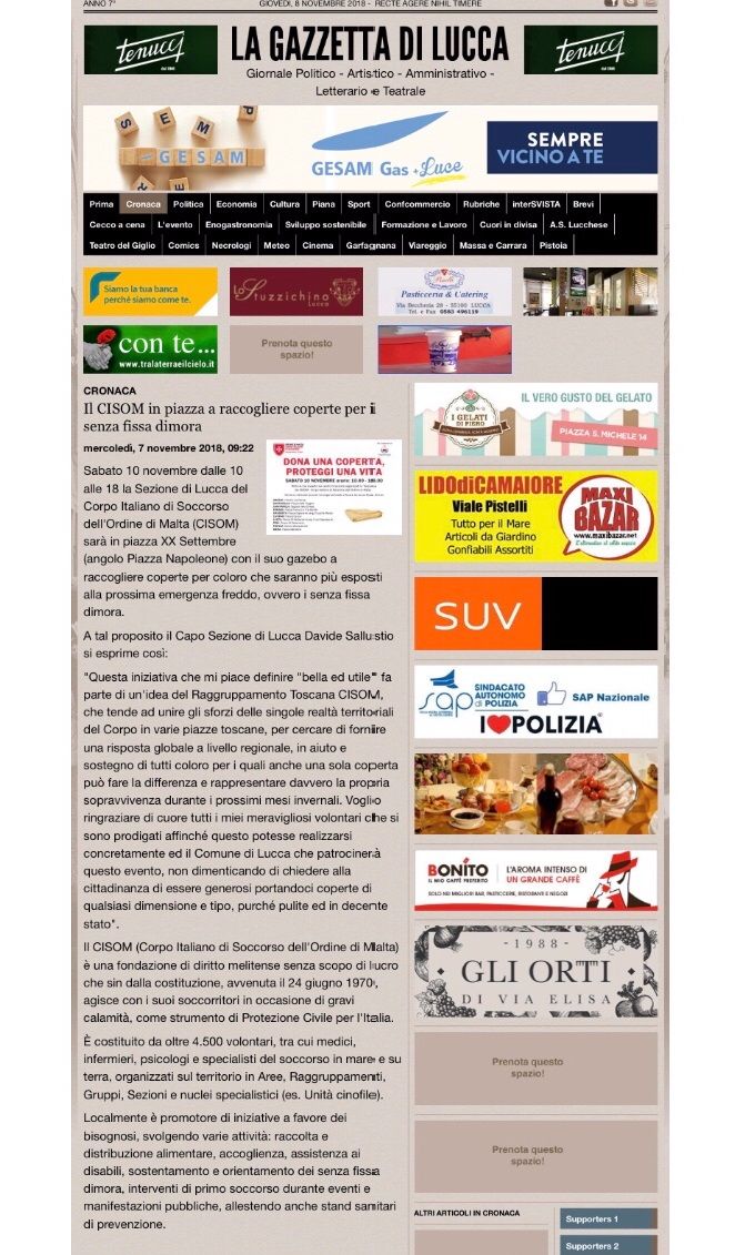 Articolo della Gazzetta di Lucca sull’evento di raccolta coperte in piazza per i senza fissa dimora organizzata dalla Sezione CISOM  lucchese 