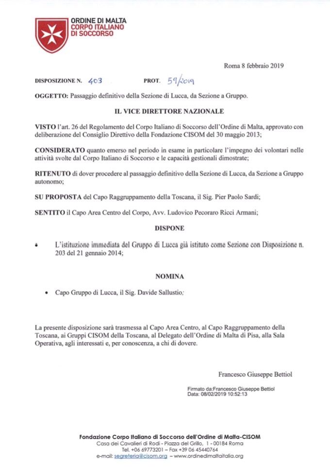 Nomina a “Capo Gruppo di Lucca” deliberata dal Vice Direttore Nazionale CISOM Francesco Giuseppe Bettiol