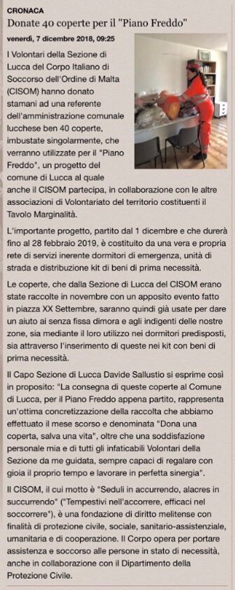 Articolo della Gazzetta di Lucca sulle 40 coperte donate dalla Sezione di Lucca CISOM al Comune di Lucca per il “Piano Freddo”