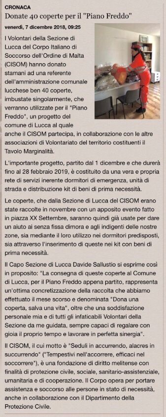 Articolo della Gazzetta di Lucca sulle 40 coperte donate dalla Sezione di Lucca CISOM al Comune di Lucca per il “Piano Freddo”