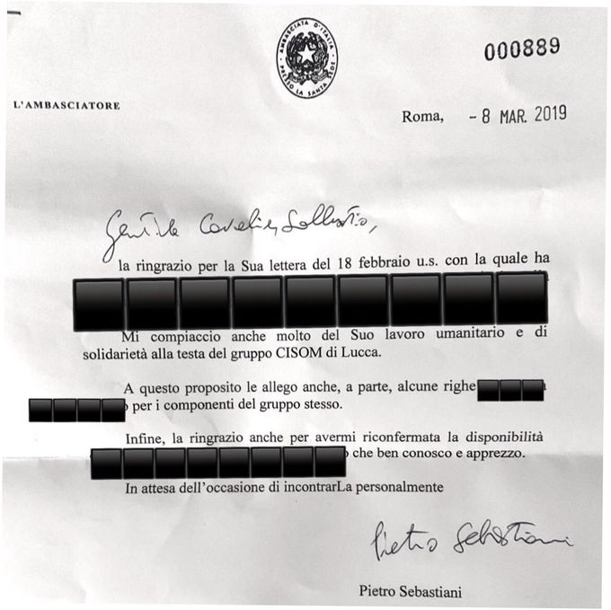 Lettera dell'Ambasciatore d’Italia presso la Santa Sede S.E. Dott. Pietro Sebastiani (2019)