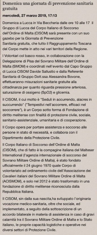 Articolo della Gazzetta di Lucca sulla Giornata di Prevenzione Sanitaria Gratuita messa in atto dal Gruppo di Lucca CISOM in collaborazione con la Delegazione SMOM di Pisa