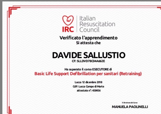 Attestato BLSD dell’Italian Resuscitation Council (IRC)