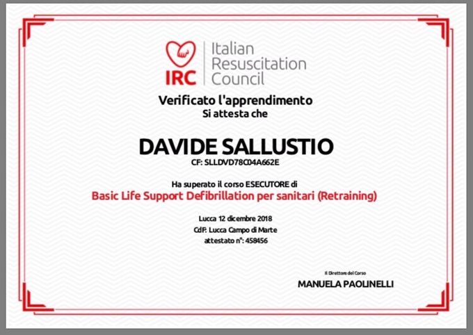 Attestato BLSD dell’Italian Resuscitation Council (IRC)