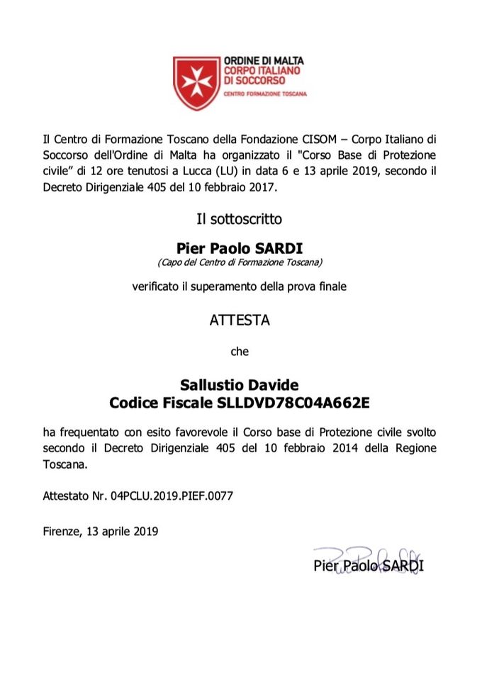 Attestato “Corso Base di Protezione Civile” rilasciato dal Centro Formazione Toscana Cisom 
