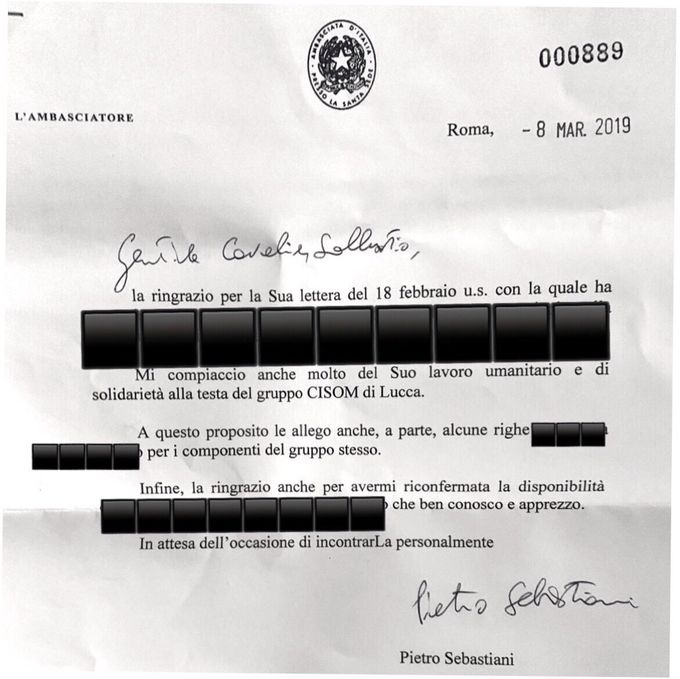 Lettera dell'Ambasciatore d’Italia presso la Santa Sede S.E. Dott. Pietro Sebastiani (2019)