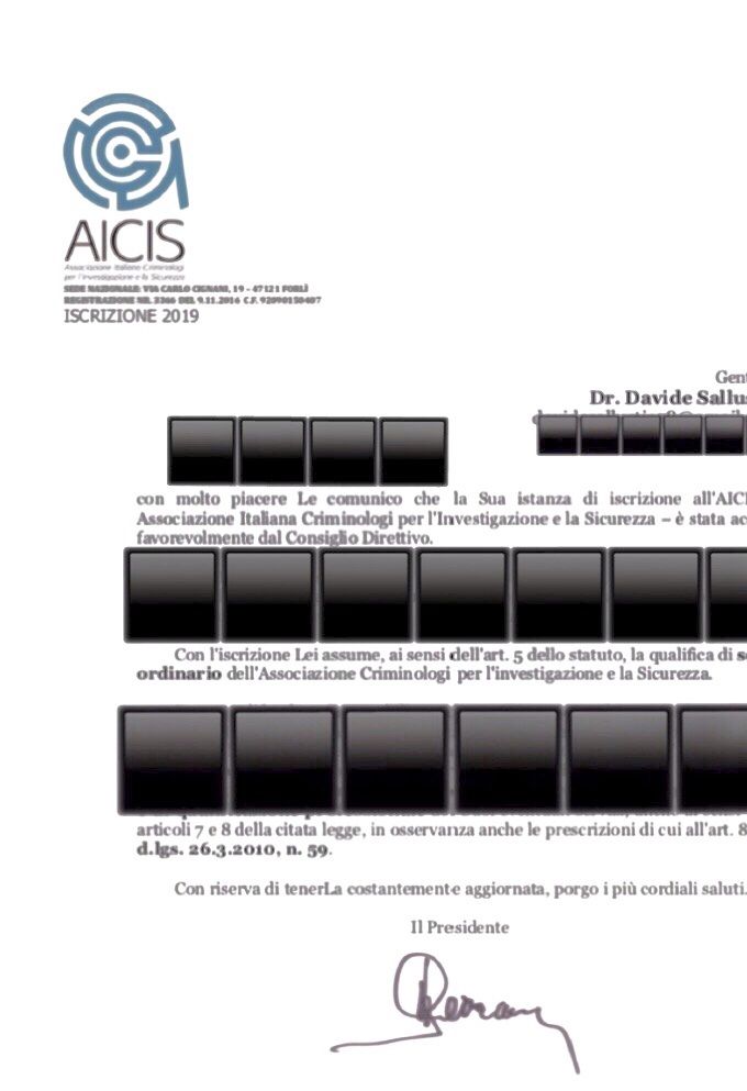 Lettera di nomina a Socio Ordinario dell’Associazione Italiana Criminologi per l’Investigazione e la Sicurezza (AICIS), per l’attività  di studio e approfondimento sulle tematiche inerenti le scienze politiche, la difesa e la sicurezza 