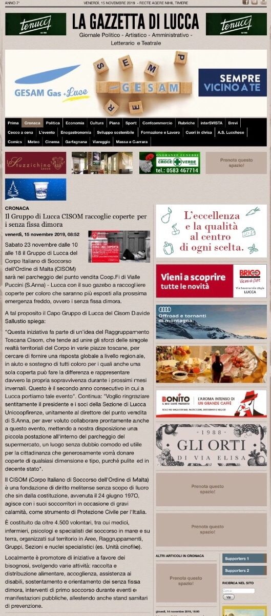 Articolo della Gazzetta di Lucca sull’evento di raccolta coperte per i senza fissa dimora organizzata dal Gruppo di Lucca CISOM presso la Coop.Fi di S. Anna - LU