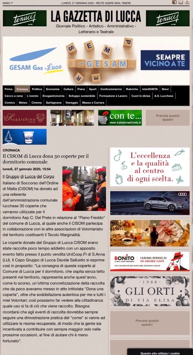 Articolo della Gazzetta di Lucca del 27-01-2020 sulle 30 coperte donate dal Gruppo di Lucca CISOM al Comune di Lucca per il dormitorio comunale 