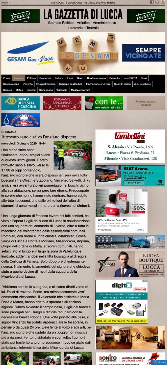 Articolo della Gazzetta di Lucca del 03-06-2020 dedicato al ritrovamento di un anziano disperso. La ricerca era stata condotta dalle associazioni facenti parte del Comitato Conunale di Protezione Civile del Comune di Lucca, tra le quali il Gruppo di Lucca CISOM