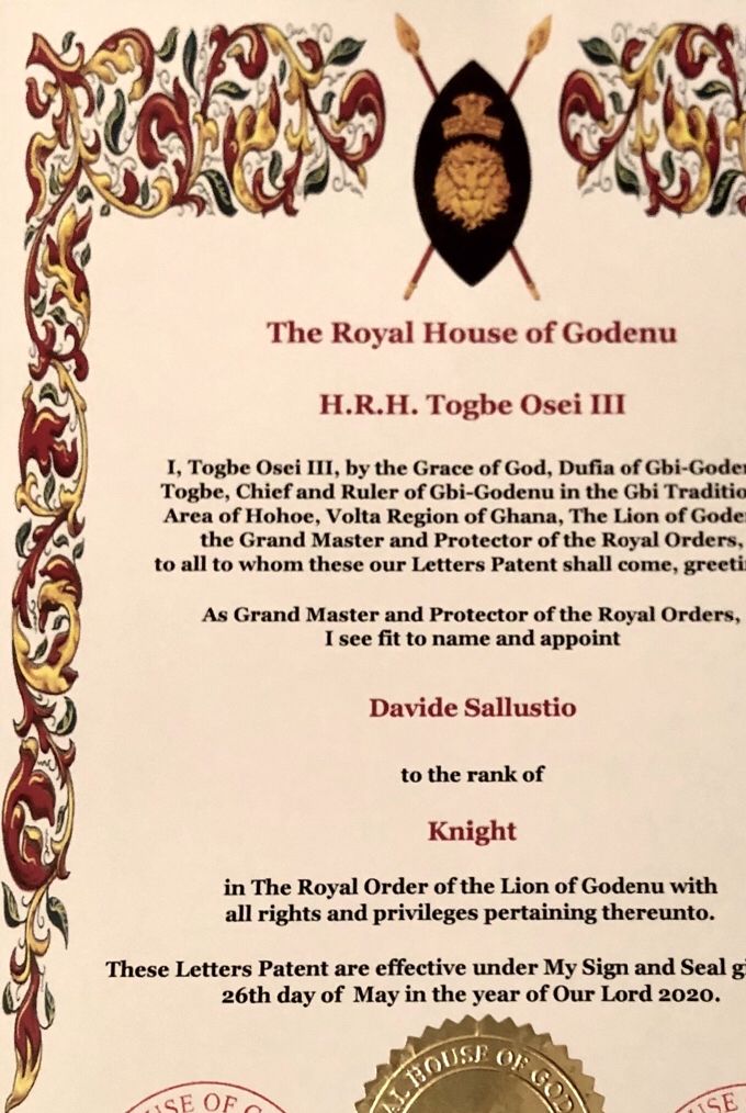 Diploma di nomina a Cavaliere dell’Ordine Reale del Leone di Godenu 