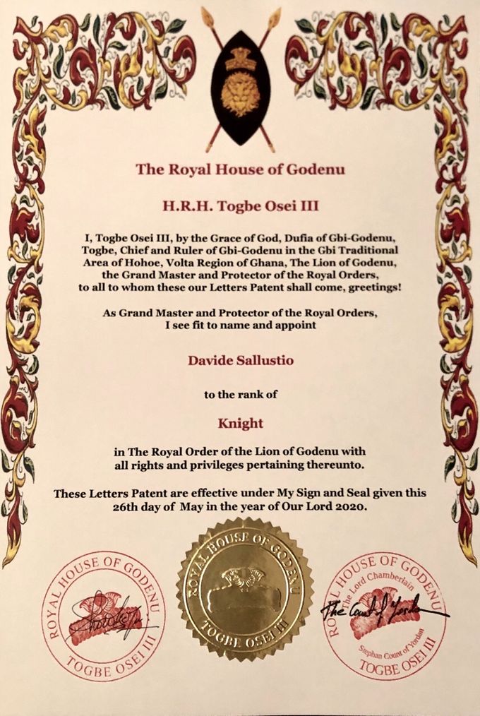 Diploma di nomina a Cavaliere dell’Ordine Reale del Leone di Godenu 