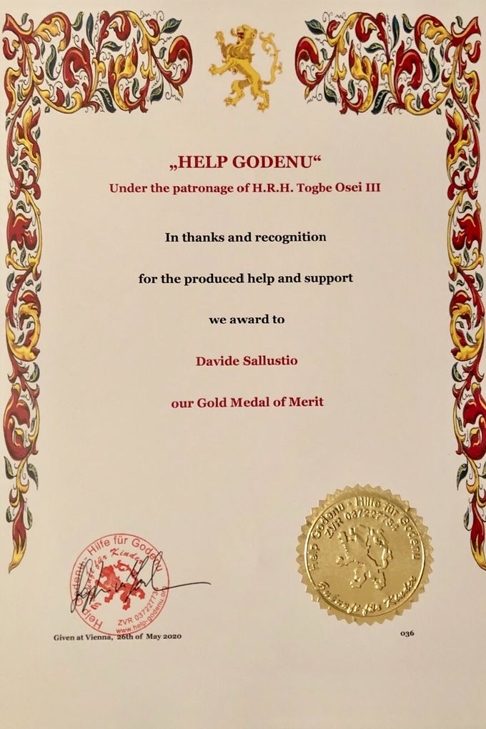 Diploma medaglia d’oro “Help Godenu” della  Real Casa di Godenu