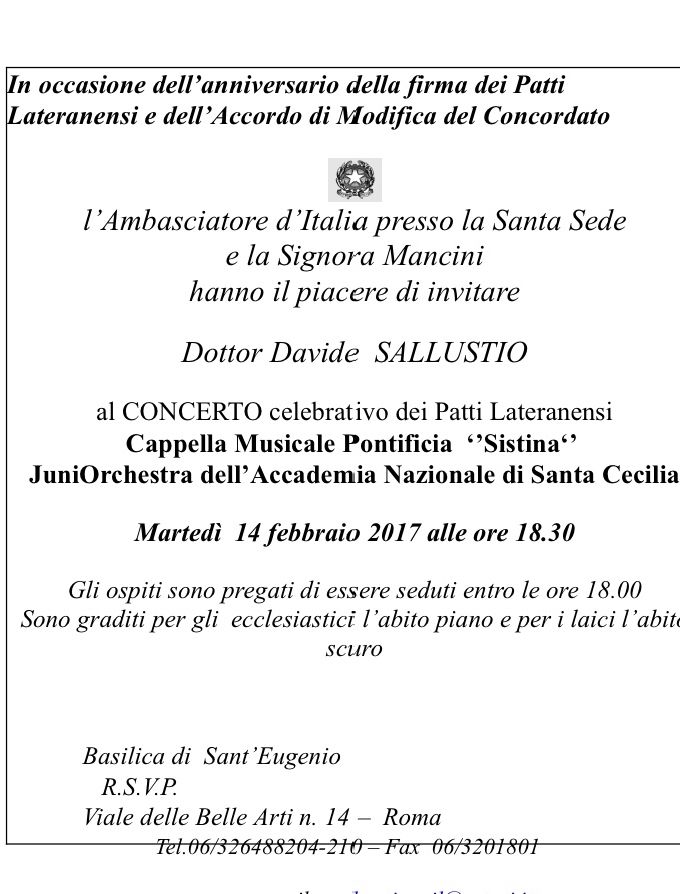 Invito personale dell'Ambasciatore d'Italia presso la Santa Sede S.E. Dott. Daniele Mancini (2017)