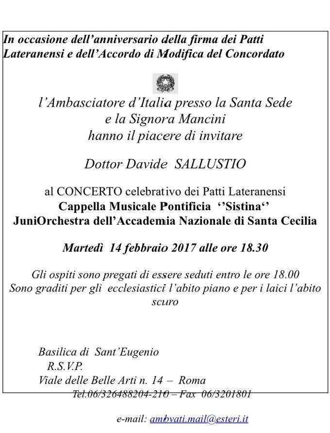 Invito personale dell'Ambasciatore d'Italia presso la Santa Sede S.E. Dott. Daniele Mancini (2017)