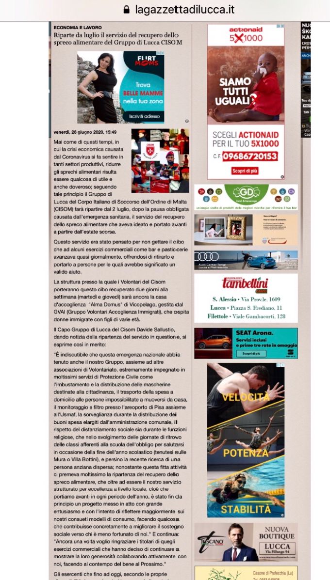 Articolo della Gazzetta di Lucca del 26-06-2020 per la ripartenza del servizio del recupero dello spreco alimentare dopo i mesi dell’emergenza da Coronavirus