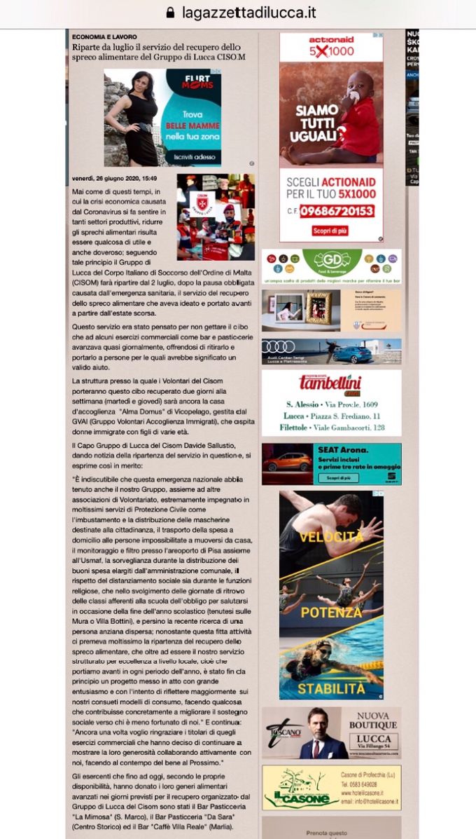 Articolo della Gazzetta di Lucca del 26-06-2020 per la ripartenza del servizio del recupero dello spreco alimentare dopo i mesi dell’emergenza da Coronavirus