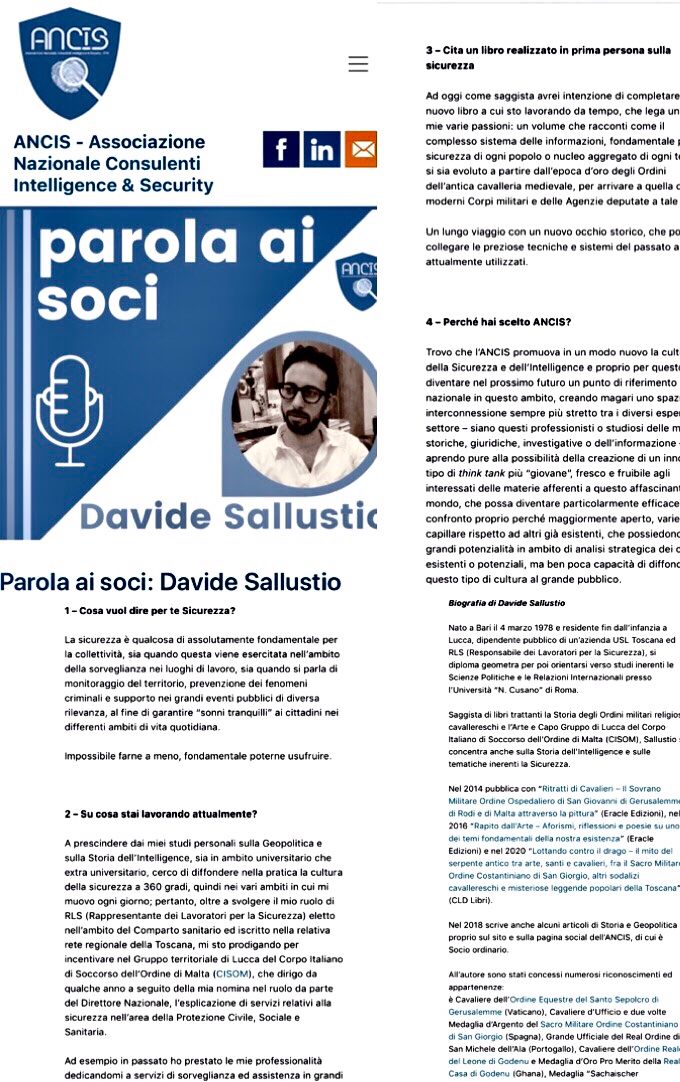 Intervista personale avuta in ambito dell’Associazione Nazionale Consulenti Intelligence e Security (ANCIS) - 10 novembre 2020
https://www.ancisonline.com/parola-ai-soci-davide-sallustio/