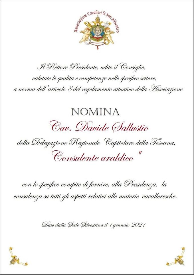 Nomina a Consulente Aaaldico dell’Associazione Cavalieri di San Silvestro 