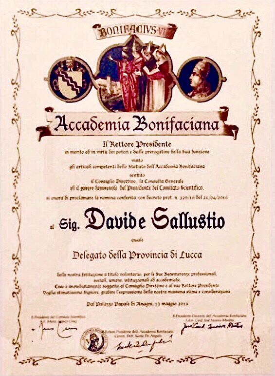 Attestato di nomina a “Delegato della Provincia di Lucca” dell’Accademia Bonifaciana di Anagni (ruolo svolto dal 2016 al 2017)