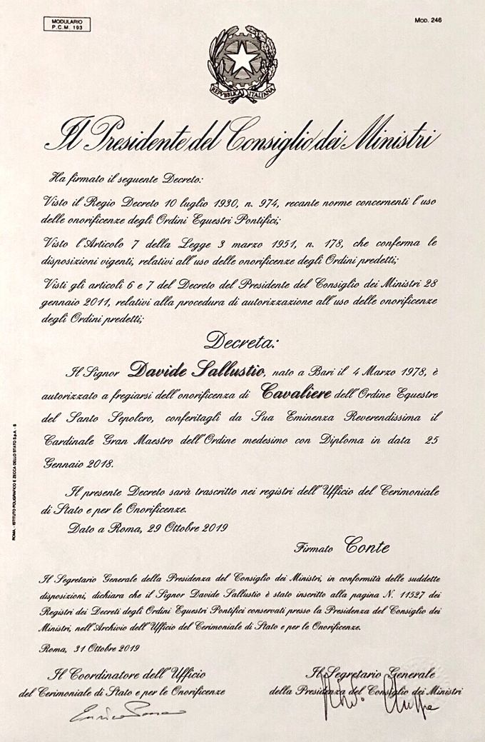 Diploma di autorizzazione della Presidenza del Consiglio dei Ministri  a fregiarsi dell’onorificenza di Cavaliere dell’OESSG