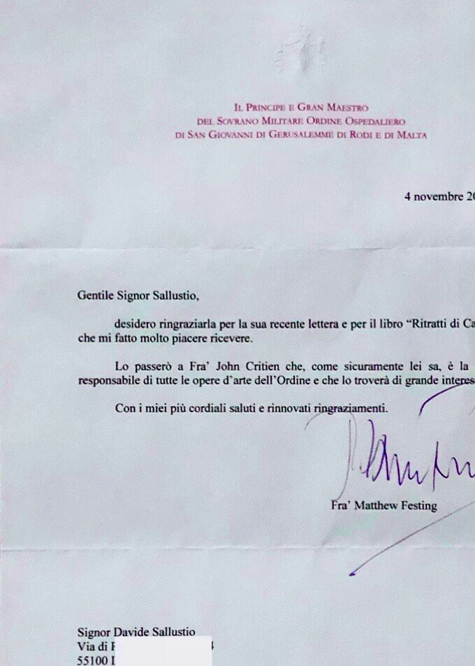 Lettera del 79' Principe e Gran Maestro SMOM S.A.E. Fra' Matthew Festing