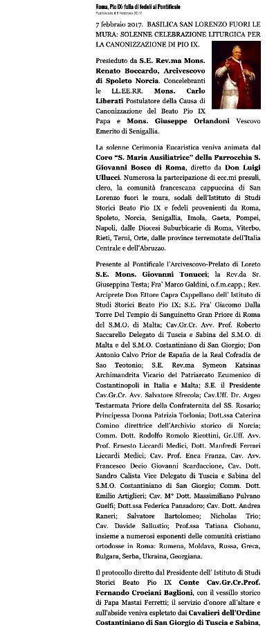 Articolo sul sito dell'Istituto di Studi Storici Beato Pio IX inerente la partecipazione al Pontificale per la causa di canonizzazione del Beato Papa Pio IX tenutosi a Roma il 7 febbraio 2017