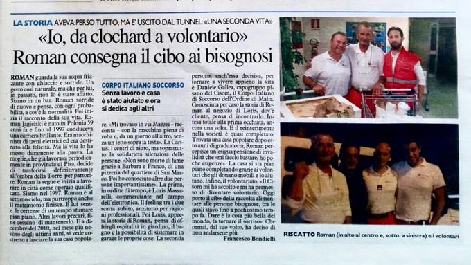 Articolo del quotidiano La Nazione sulla storia di Roman, che da clochard è diventato Volontario del Gruppo di Pisa del Corpo Italiano di Soccorso dell'Ordine di Malta (CISOM)