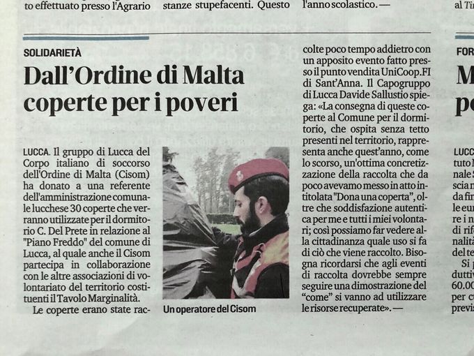 Articolo del Tirreno del 28-01-2020  sulle 30 coperte donate dal Gruppo di Lucca CISOM al Comune di Lucca per il dormitorio comunale 