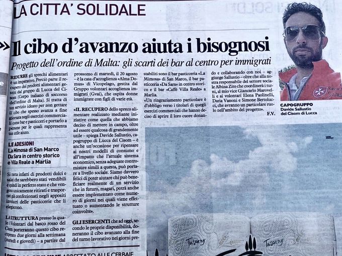 Articolo del quotidiano “La Nazione” di Lucca del 14/08/2019 sul progetto inerente il recupero dello spreco alimentare organizzato dal Gruppo di Lucca CISOM 