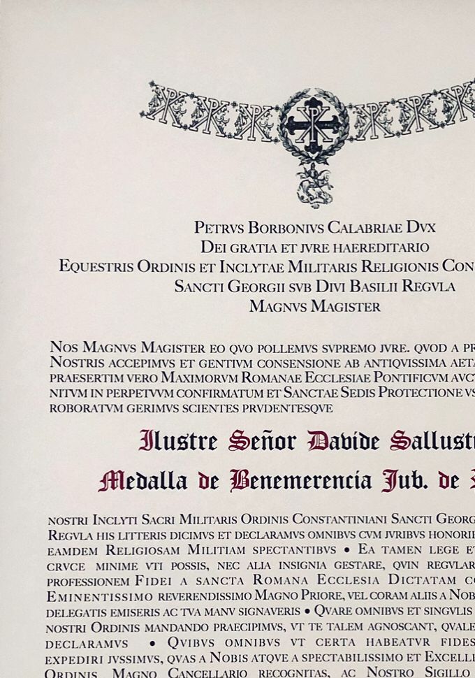 Diploma medaglia di benemerenza giubilare d’argento del SMOCSG 