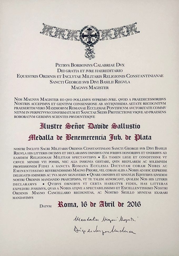Diploma medaglia di benemerenza giubilare d’argento del SMOCSG 