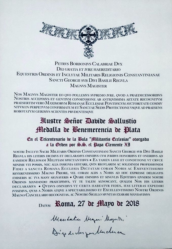 Diploma medaglia di benemerenza Tricentenario  Bolla “Militantis Ecclesiae” d’argento del SMOCSG 