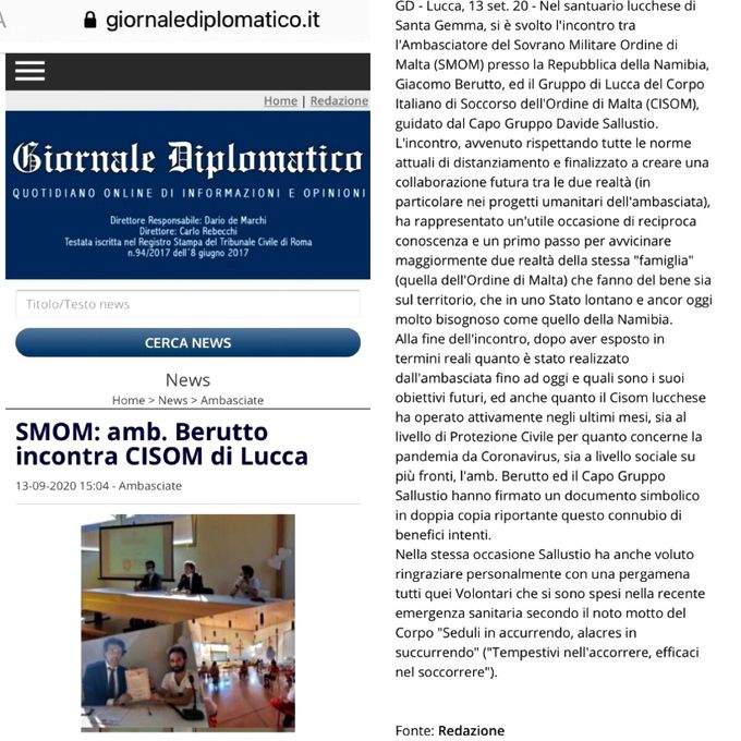 Articolo del Giornale Diplomatico  del 13-09-2020 sull’incontro tra il Gruppo di Lucca CISOM e S.E. l’Ambasciatore del Sovrano Militare Ordine di Malta (SMOM) presso la Repubblica della Namibia Cav. Gr. Mag. Avv. Giacomo Maria Berutto, con firma di un documento simbolico di reciproca collaborazione