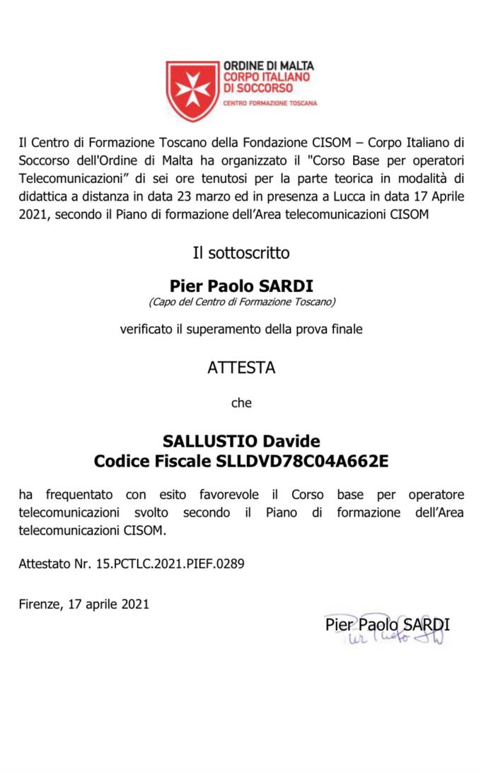 Attestato “Corso Base per Operatori Telecomunicazioni” rilasciato dal Centro di Formazione Toscana Cisom