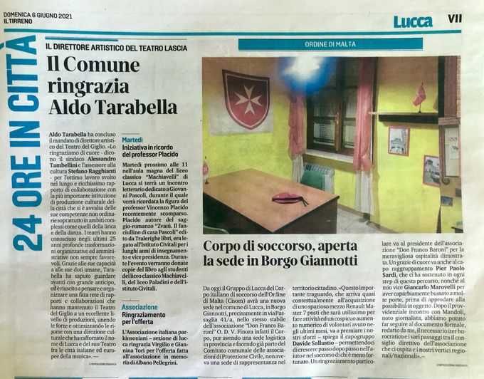 Articolo del quotidiano “Il Tirreno” di Lucca sulla nuova sede del Gruppo di Lucca Cisom - 06-06-2021