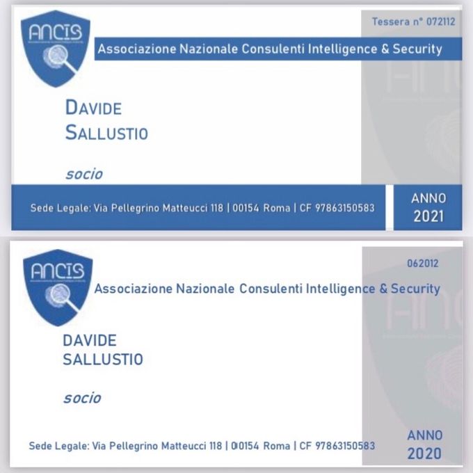 Tessere 2020 e 2021 da Socio Ordinario dell’Associazione Nazionale Consulenti Intelligence & Security (ANCIS)