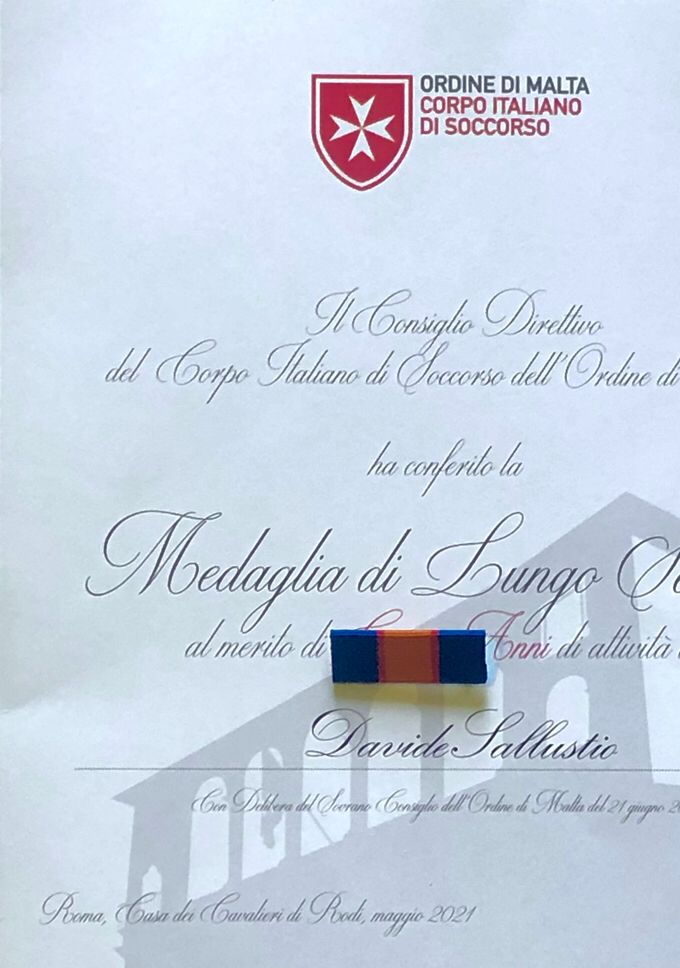Attestato di conferimento della Medaglia di Lungo Servizio al Merito V anni - Corpo italiano di Soccorso dell’Ordine di Malta (Cisom) - maggio 2021 