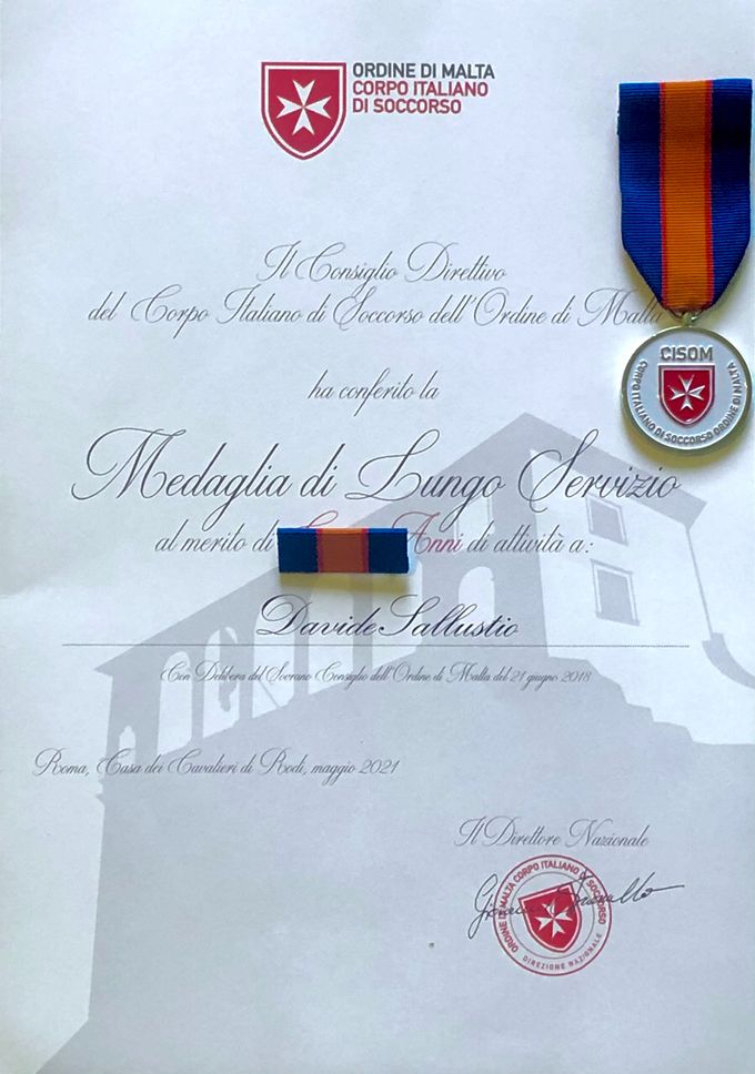 Attestato di conferimento della Medaglia di Lungo Servizio al Merito V anni - Corpo italiano di Soccorso dell’Ordine di Malta (Cisom) - maggio 2021 