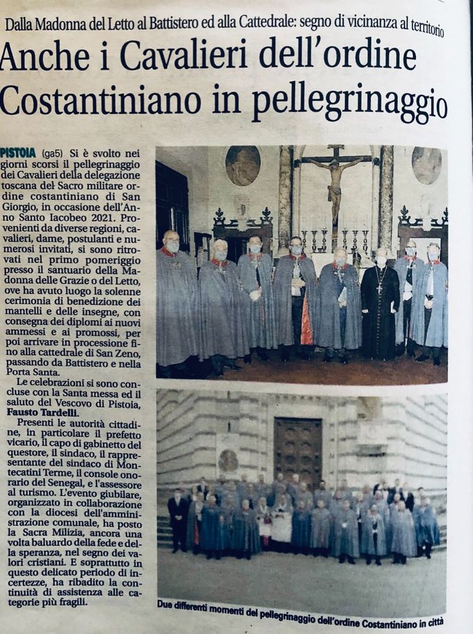Articolo de “La Nazione” sul pellegrinaggio Costantiniano in occasione del Giubileo Iacobeo a Pistoia avvenuto il 12 giugno 2021