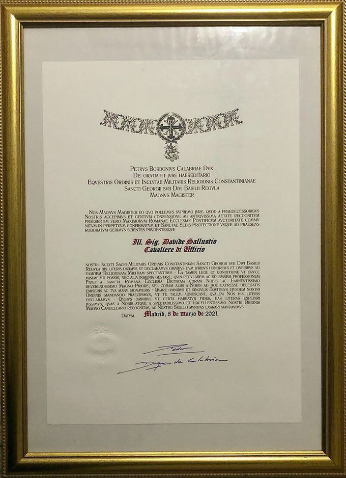 Diploma da Cavaliere d’Ufficio del SMOCSG (Ramo Madrid)  