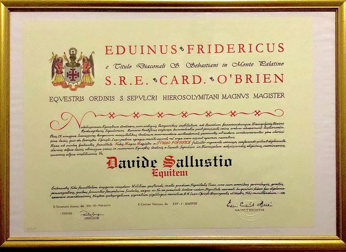 Diploma di nomina a Cavaliere dell'OESSG